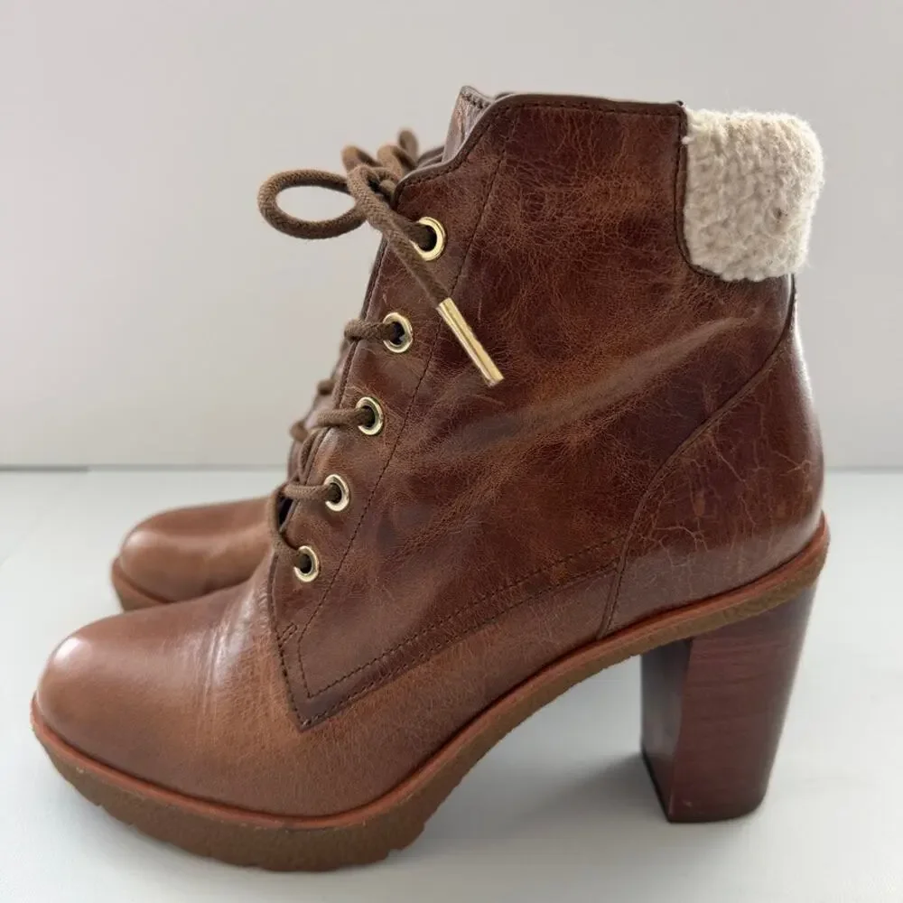 Michael Kors Kim Leather Carmel Distressed Stacked Heel Ankle Boots Size 7.5